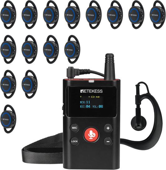 Retekess TT126R Tweeweg Audiogeleidingssysteem, 280m full Duplex Oorhaak Mini-ontvanger, Draadloos Communicatiesysteem voor Paardensporttraining, VIP-Receptie (1 Zender 15 Ontvangers)