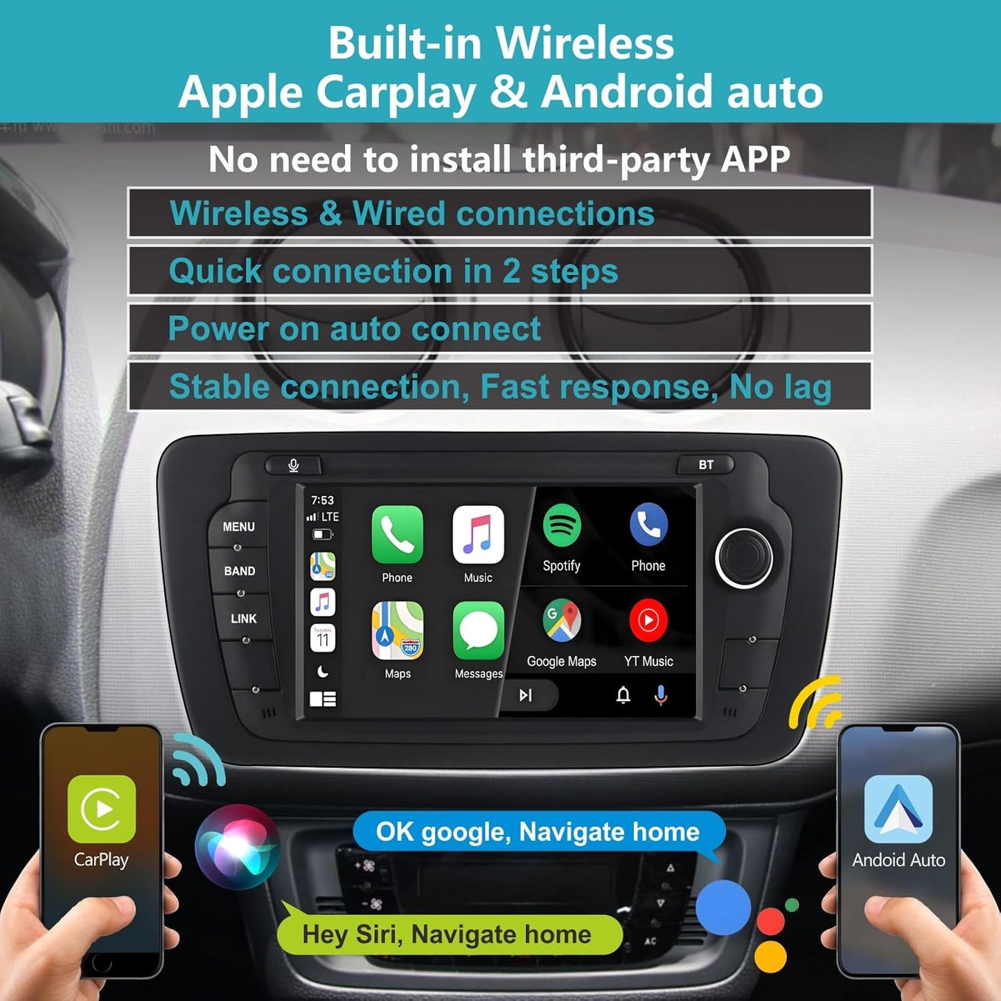 Autoradio – Multimedia Speler – Auto Stereo – Navigatiesysteem – Inbouw Radio – 7 Inch IPS Touchscreen – Draadloze CarPlay & Android Auto