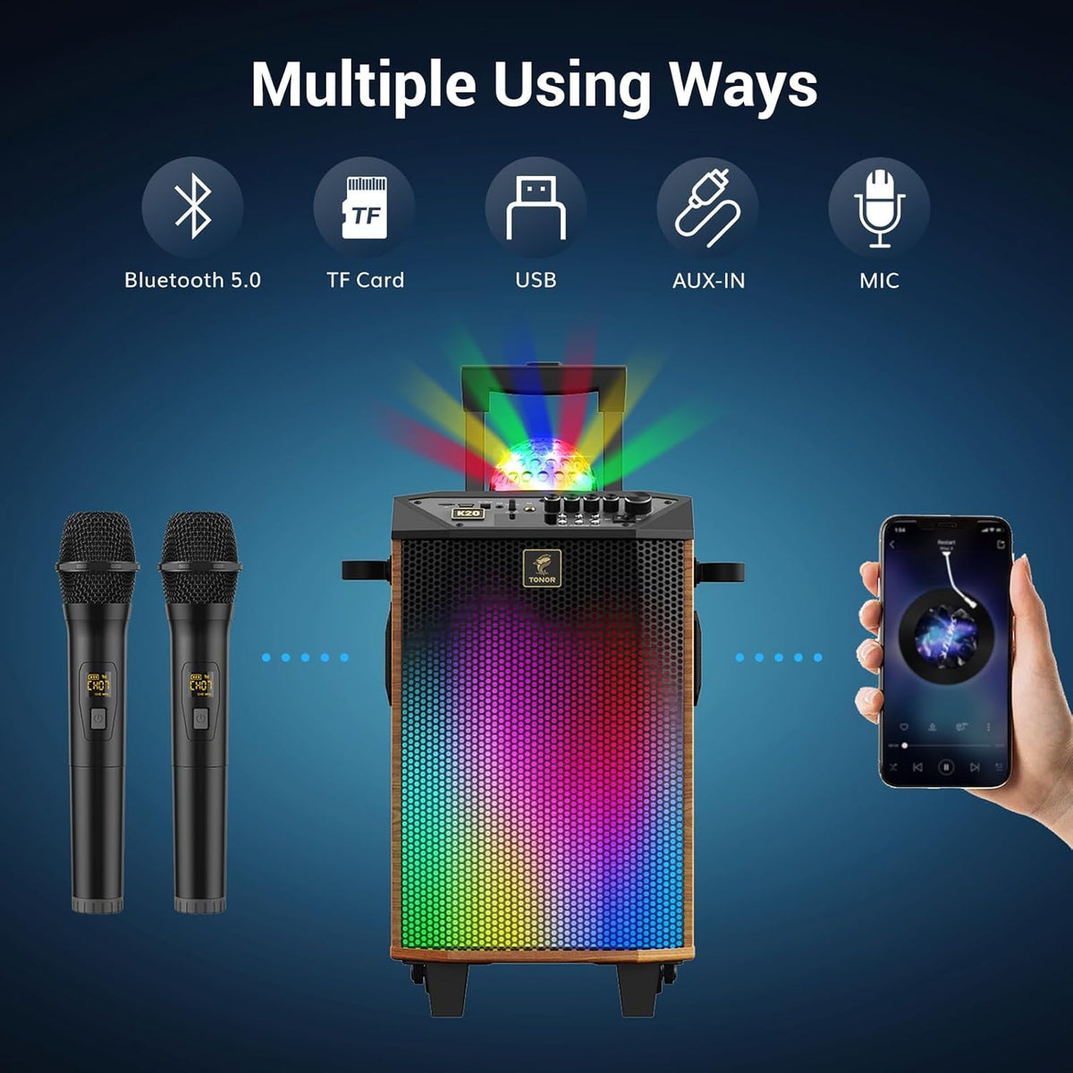 Karaokemachine Voor Volwassenen Bruin – Karaoke Installatie – Bluetooth Luidspreker – PA-Systeem – Partybox – 2 Draadloze Microfoons – LED Discobal En Bluetooth 5.0