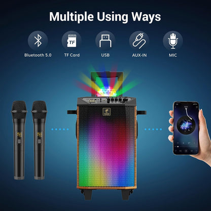 Karaokemachine Voor Volwassenen Bruin – Karaoke Installatie – Bluetooth Luidspreker – PA-Systeem – Partybox – 2 Draadloze Microfoons – LED Discobal En Bluetooth 5.0