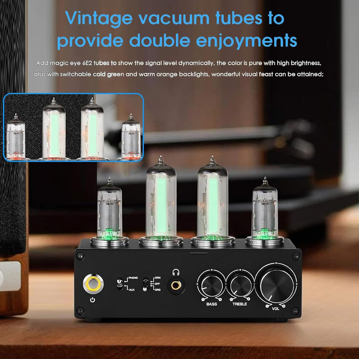Phono-Voorversterker Met Buizen – Platenspeler Voorversterker – RIAA Voorversterker – MM/MC Voorversterker – Hifi Voorversterker – 3,5 Mm Koptelefoonaansluiting – Treble En Bassregeling
