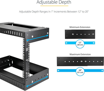 StarTech.com 8U wandrek met 2 stijlen, 19 inch serverrek met open frame, instelbare diepte, wanddata rack voor IT/AV - Inclusief bevestigingsmoeren en schroeven (RK812WALLOA)