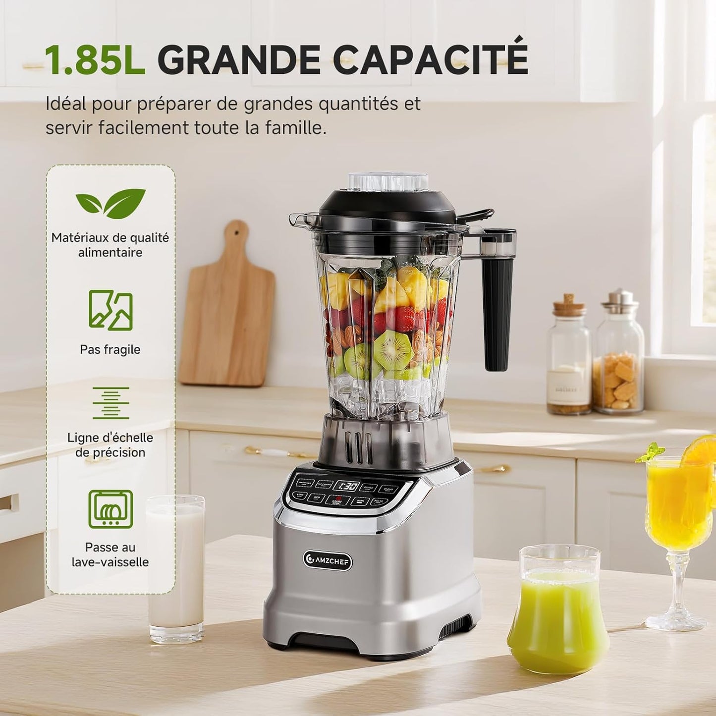 AMZCHEF Professionele smoothiemixer 1,85 liter met 6 messen, 600 ml, BPA 1,85 l en 600 ml individuele glazen mixer voor 2 mengmodi 1800 W