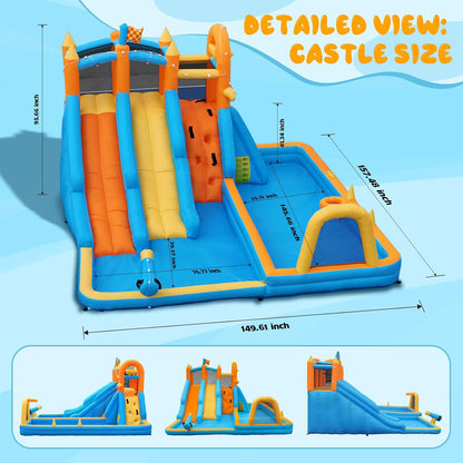 FOOING Opblaasbaar waterglijkasteel met 2 glijbanen, klimwand, basketbalhoepel, springhuis voor kindertuin, springkasteel voor zomer, buitenzwembad, feest met veiligheidsnet