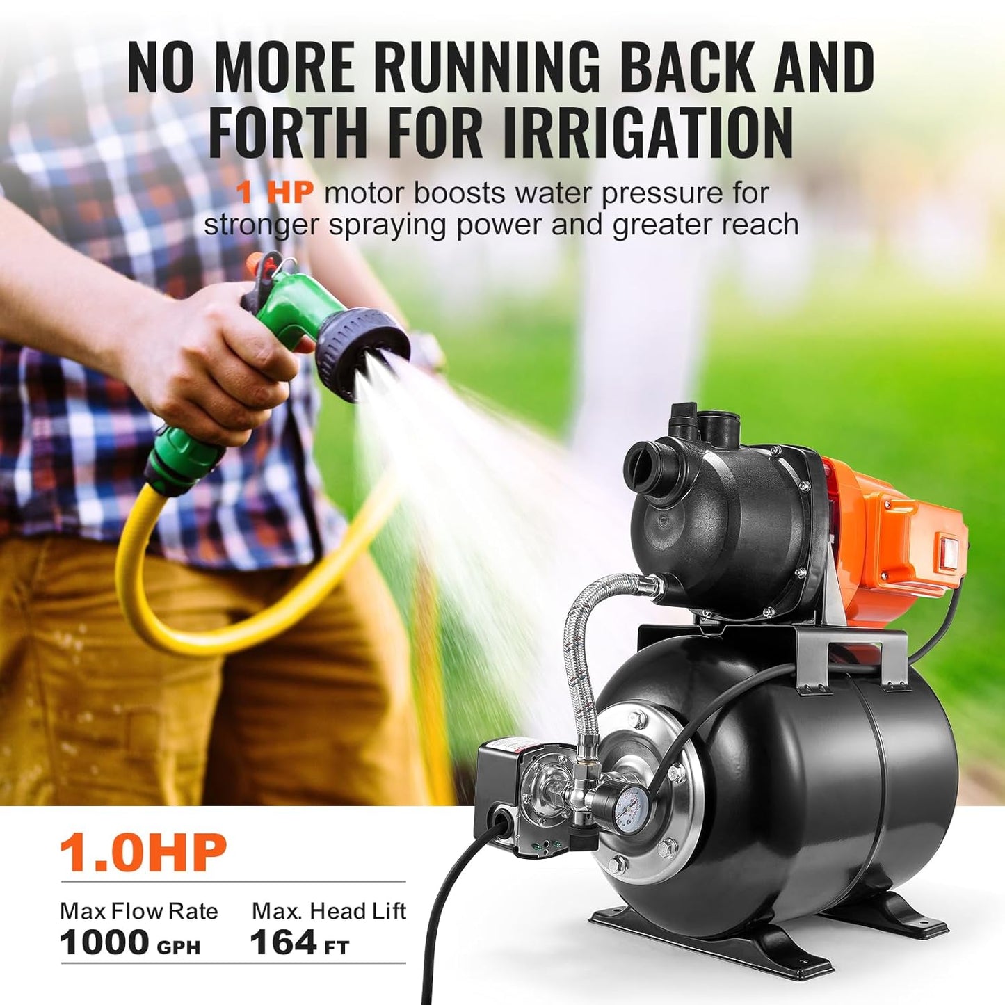 Diepe Bronpomp Met Drukreservoir – Waterpomp – Drukpomp – Tuinpomp – Hydrofoorpomp – 750 W, 3700 L/U – 19 L Drukreservoir, Automatische Drukschakelaar 20/40 Psi