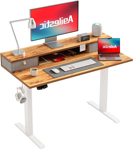 Verstelbaar Elektrisch Sta Bureau – Zit Sta Bureau – In Hoogte Verstelbaar Bureau – Ergonomisch Bureau – Computertafel – 100 x 60 cm – 2 Lade – FSC Hout - QUORE