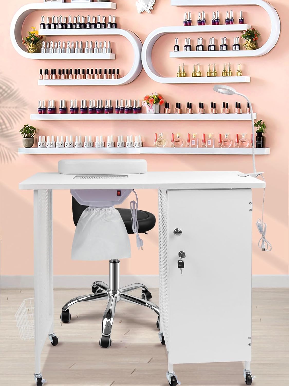 Mobiele Manicure Nageltafel – Manicuretafel, Nagelbureau, Nagelstation, Nagelmeubel – Wit – 6 Zwenkwielen, Vergrendelbaar – 4 Laden, Stofafzuiging En Polssteun