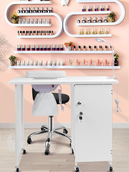 Mobiele Manicure Nageltafel – Manicuretafel, Nagelbureau, Nagelstation, Nagelmeubel – Wit – 6 Zwenkwielen, Vergrendelbaar – 4 Laden, Stofafzuiging En Polssteun