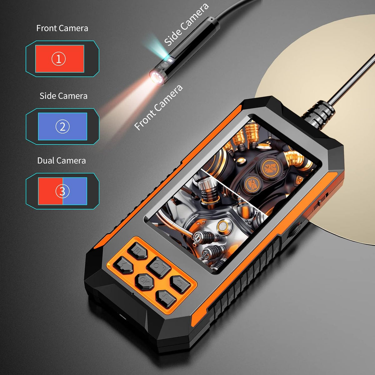 Endoscoopcamera met dubbele lens, inspectiecamera, 1080p HD, buiscamera, IP67 waterdicht, industriële endoscoop met licht, 4,5 inch IPS-scherm, halfstijve kabel, 32 GB kaart (5 m)