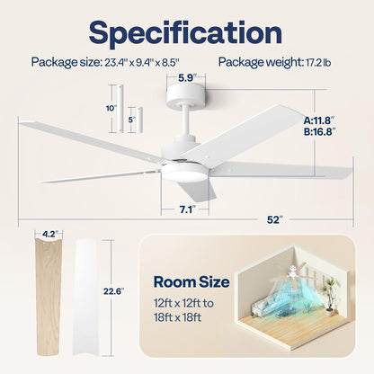 VIVOHOME Plafondventilator met Verlichting 52 inch/132 cm Laag Profiel en Afstandsbediening Inbouw voor Slaapkamer Woonkamer Garage 6+1 Snelheden 3CCT Dimbare Timer Stille Omkeerbare