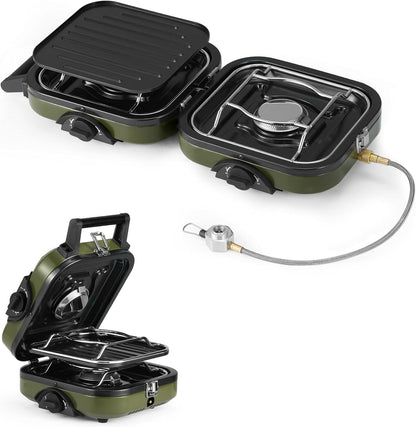 Kooktoestel - Gasstel - Campinggasfornuis - Campingmeubelen - 2-in-1 - met Grillplaat - Inklapbaar - Draagbaar - Piëzo-Intsteking - Compatibel met Isobutaan-Brandstofmengsel - Buitenactiviteiten - Kamperen - Noodsituatie - 8.4x2.4x10cm - Groen