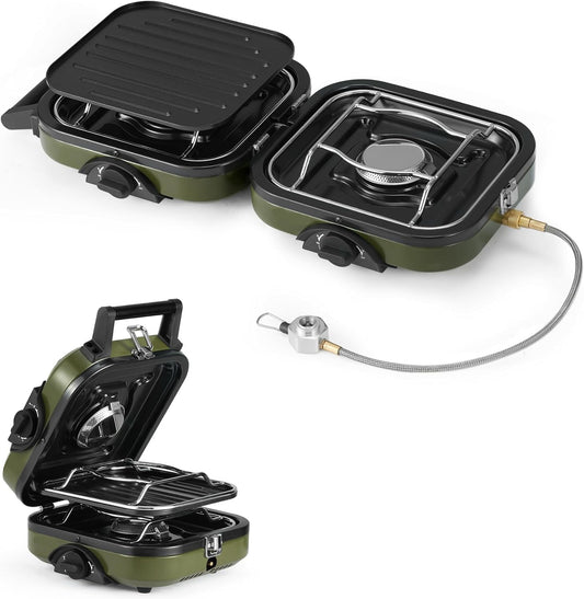 Kooktoestel - Gasstel - Campinggasfornuis - Campingmeubelen - 2-in-1 - met Grillplaat - Inklapbaar - Draagbaar - Piëzo-Intsteking - Compatibel met Isobutaan-Brandstofmengsel - Buitenactiviteiten - Kamperen - Noodsituatie - 8.4x2.4x10cm - Groen