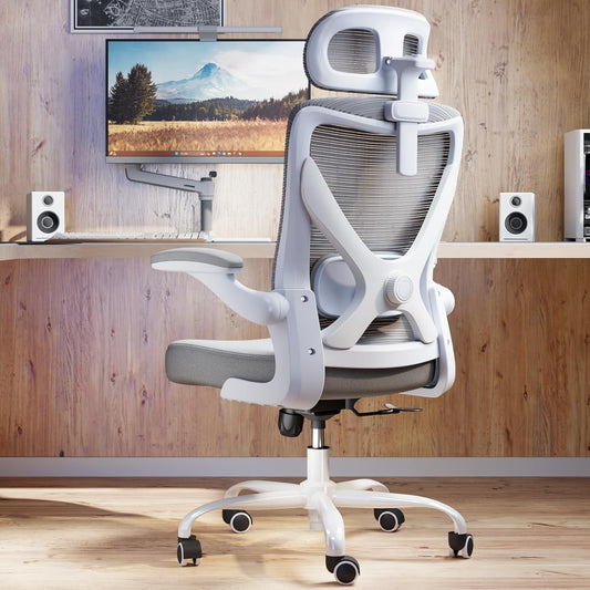 Bureaustoel – Ergonomische Bureaustoel – Gamestoel – Computerstoel – Office Chair – Verstelbare Lendensteun – 3D Hoofdsteun – Max. 150 kg – Grijs Mesh