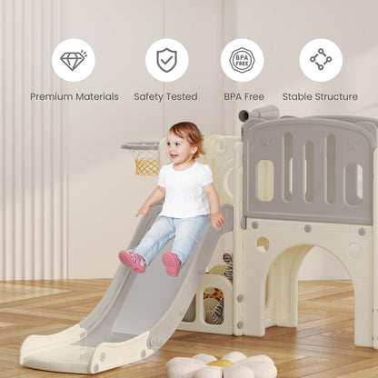 Kinderglijbaan met klimladder, basketbalkorf en tunnel, kunststof glijbaan voor binnen voor kinderen, Montessori-spelletjes voor speelplaats, grijs