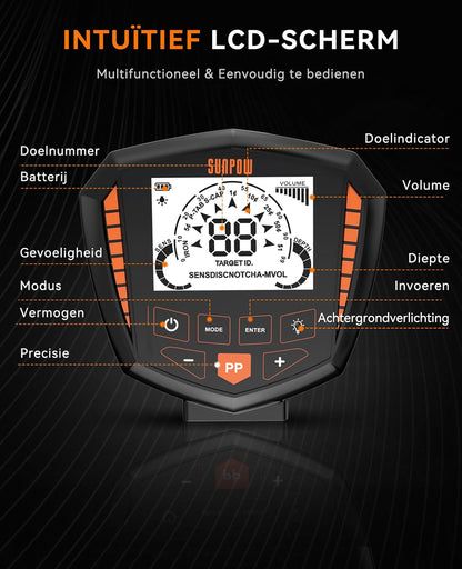 SUNPOW Metaaldetector, professionele set, IP68 waterdichte spoel, identificeert 9 soorten metalen, hoge nauwkeurigheid, 25 cm detectiediepte, 5 modi, sterke anti-interferentie, geschikt voor