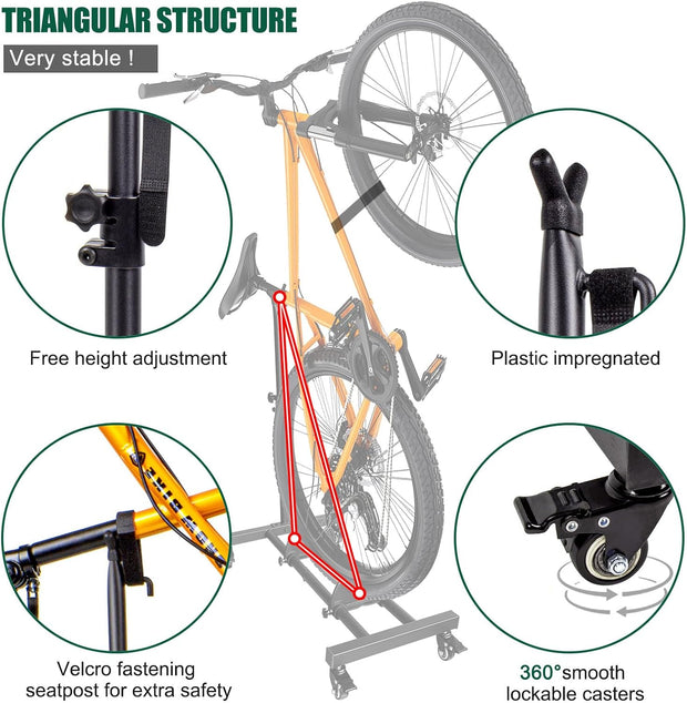 Fietsstandaard - Fiets Montagestandaard - Fietshouder - Vrijstaande Fiets-Vloerstandaard - met Vergrendelbare Wielen - In Hoogte Verstelbaar - voor Alle Fietstypes - tot 4inch Bandbreedte - Belastbaarheid tot 25kg - 85 x 68 x 43 cm - Zwart