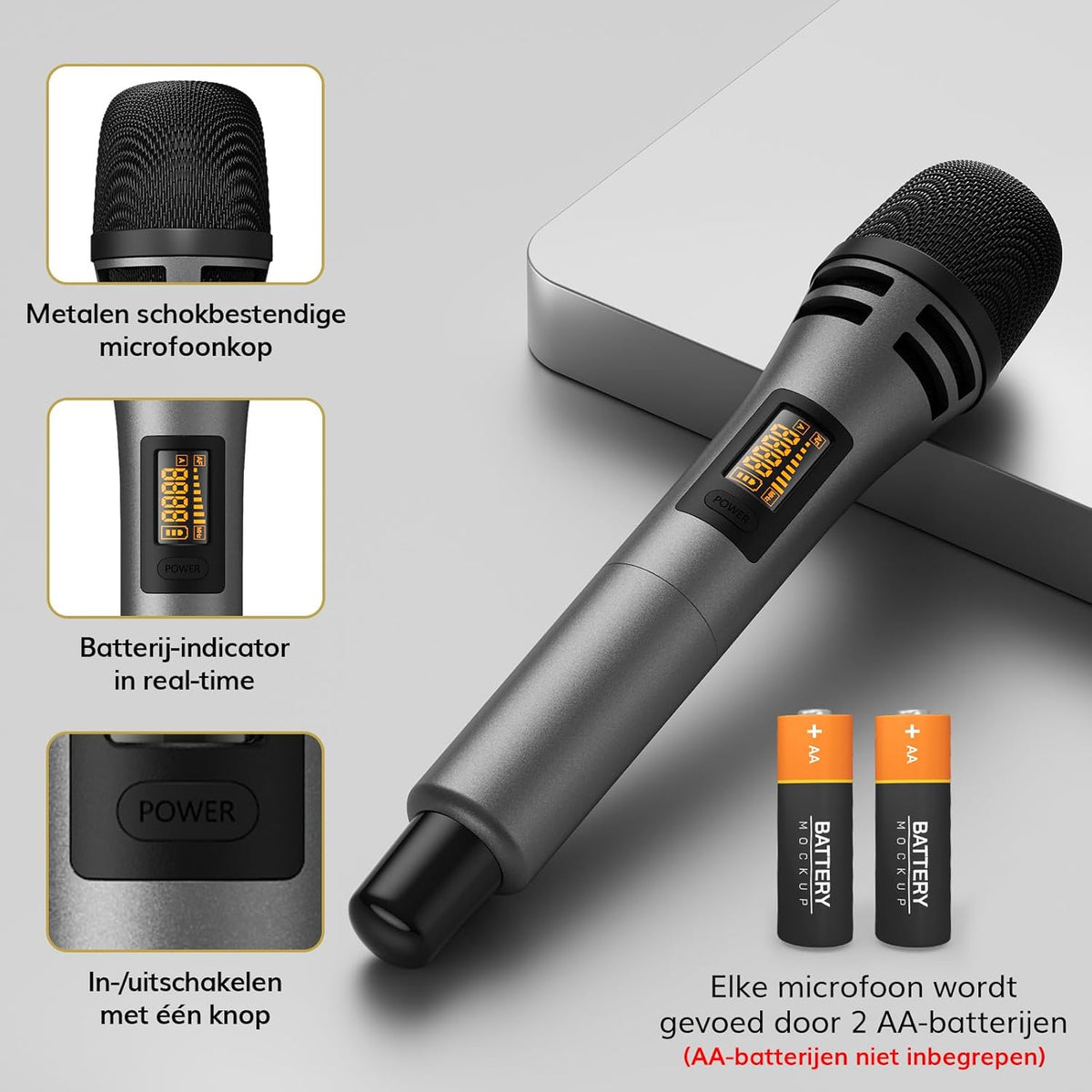 Draadloze UHF microfoonset met 4 zenders – Handmicrofoon – Bodypack zender – Headsetmicrofoon – Lavaliermicrofoon – Bereik tot 60 meter – 5 Instelbare Kanalen