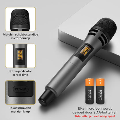 Draadloze UHF microfoonset met 4 zenders – Handmicrofoon – Bodypack zender – Headsetmicrofoon – Lavaliermicrofoon – Bereik tot 60 meter – 5 Instelbare Kanalen