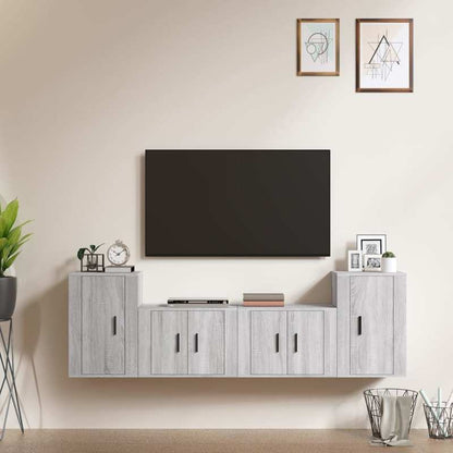 4pcs Modern Minimalist TV Stand Set with Wall-Mounted Storage - Gray Sonoma Wood Media Console, Space-Saving Design with Open & Closed Cabinets, Engineered Wood Construction, Easy Assembly, 27-Inch Height, Ample Storage for L