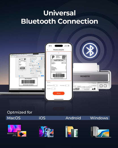 MUNBYN Bluetooth Thermische Labelprinter met Vervangbare Printkop en Etikethouder, Draadloze 4x6 Verzendlabelprinter voor Kleine Bedrijven, Compatibel met Mac, Windows, iPhone, Android, Chrome