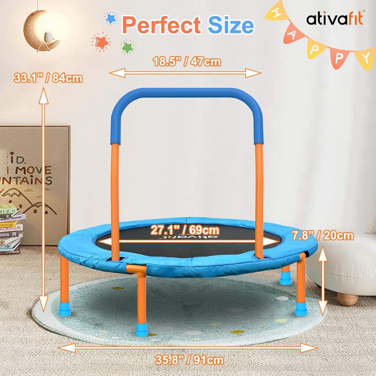 ATIVAFIT 36" Rebounder Trampoline voor peuters kinderen met schuimhandvat en Oxford gewatteerde hoes indoor mini trampoline voor 1-6 jaar oud