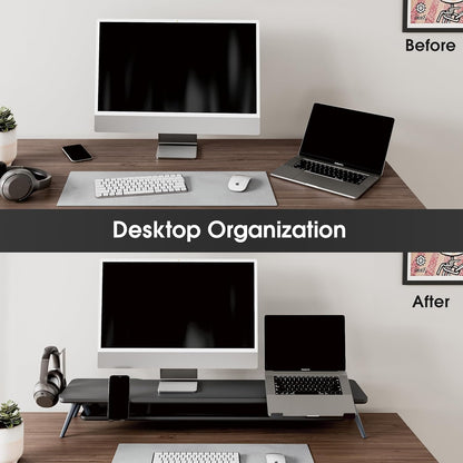 Fenge Monitor Stand, Dual Monitor Riser voor 2 monitoren met verstelbare Laptop Riser, 108cm Desk Organizer met Pad / Hoofdtelefoonhouder Max Belasting 50KG (Zwart)