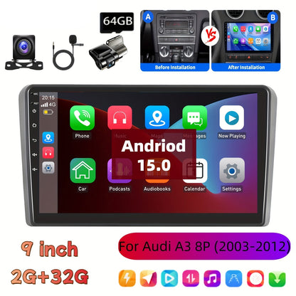 Multimedia Systeem – Car Stereo – 2 DIN Head Unit – Auto Radio – Navigatiesysteem – Audi A3 8P (2003-2012) – 9 Inch IPS Touchscreen – Draadloze Android Auto & WiFi