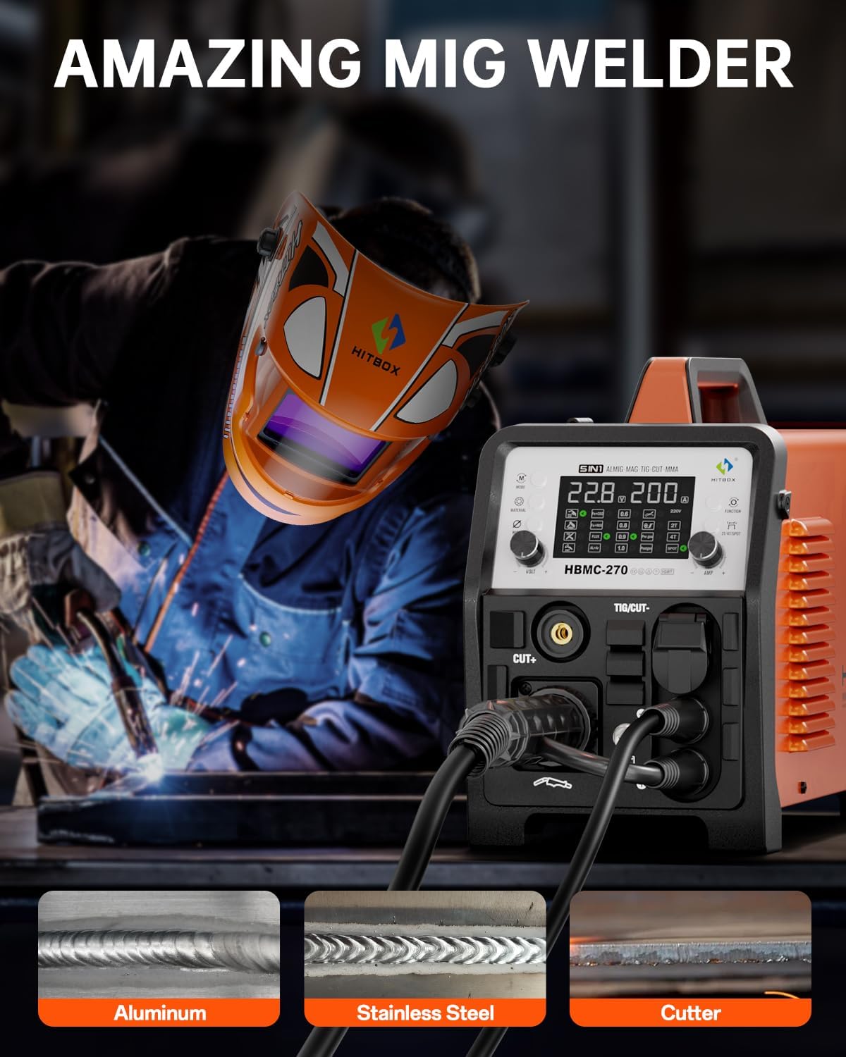 HITBOX Multifunctioneel Lasapparaat en Plasmasnijder Combo 200A 230V - MIG Puls Aluminium, MIG Gas, TIG HF, Plasma 40A, Beklede Elektrode, Punts lassen, Synergie, Groot Digitaal Display (HBMC270)