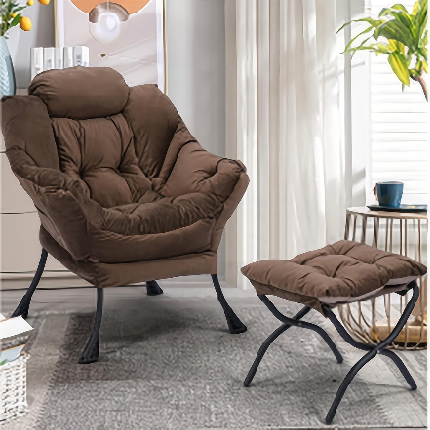 Loungestoel – Relaxstoel – Luie Stoel – Fauteuil – Zithoekstoel – Met Metalen Frame – Polyester Bekleding – Inclusief Voetenbank – Bruin