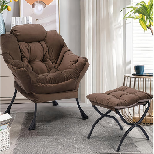 Loungestoel – Relaxstoel – Luie Stoel – Fauteuil – Zithoekstoel – Met Metalen Frame – Polyester Bekleding – Inclusief Voetenbank – Bruin