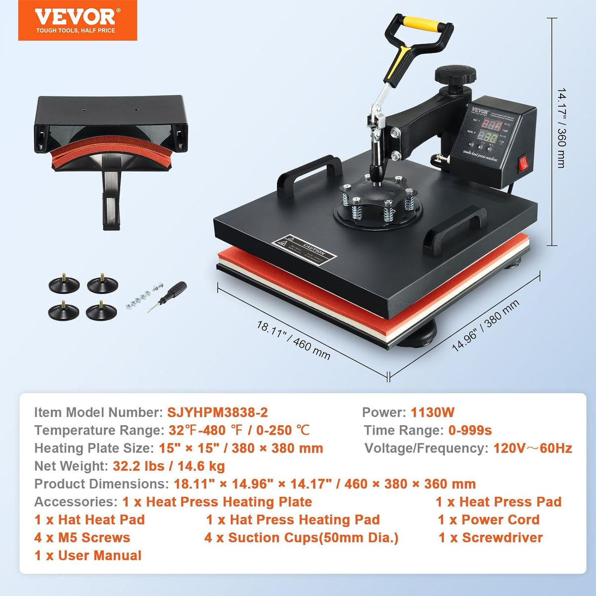 VEVOR Warmtepersmachine 2 in 1 Sublimatie Machine 1500W Warmteoverdrachtsprinter met LCD Digitaal Display en Instelbare Druk Geschikt voor T-shirts Petten Keramische Platen en Vele Andere Materialen