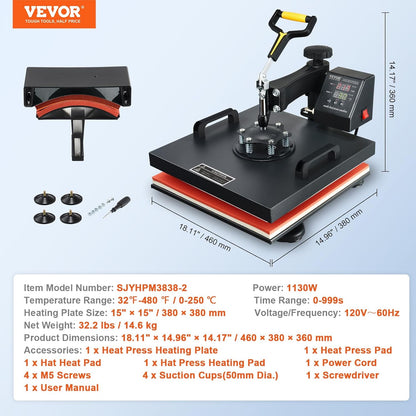 VEVOR Warmtepersmachine 2 in 1 Sublimatie Machine 1500W Warmteoverdrachtsprinter met LCD Digitaal Display en Instelbare Druk Geschikt voor T-shirts Petten Keramische Platen en Vele Andere Materialen