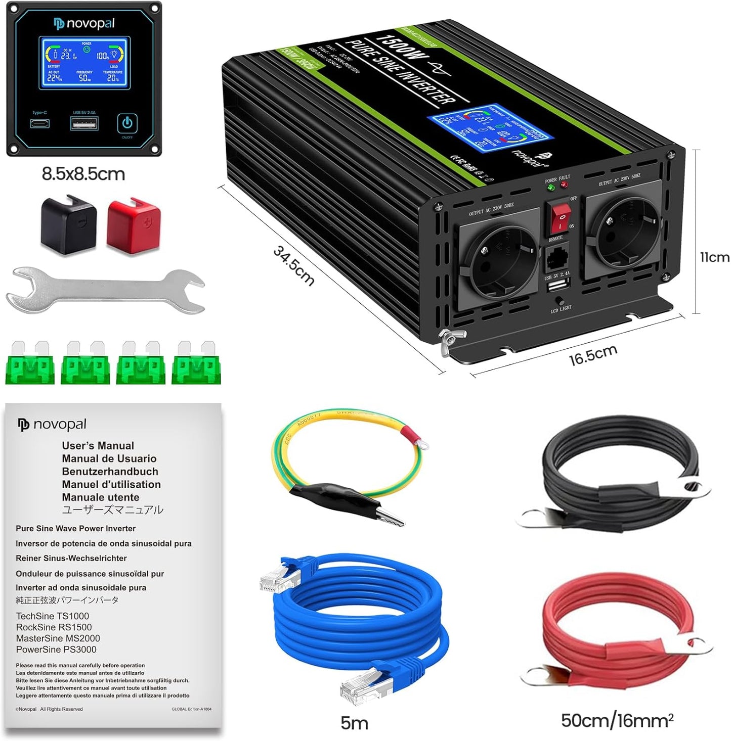 NOVOPAL spanningsomvormer 24V 230V omvormer 1500W spanningsomvormer puur sinus beeldscherm LCD met een USB-poort - 5 meter afstandsbediening en twee koelventilatoren voor RV Truck Boat