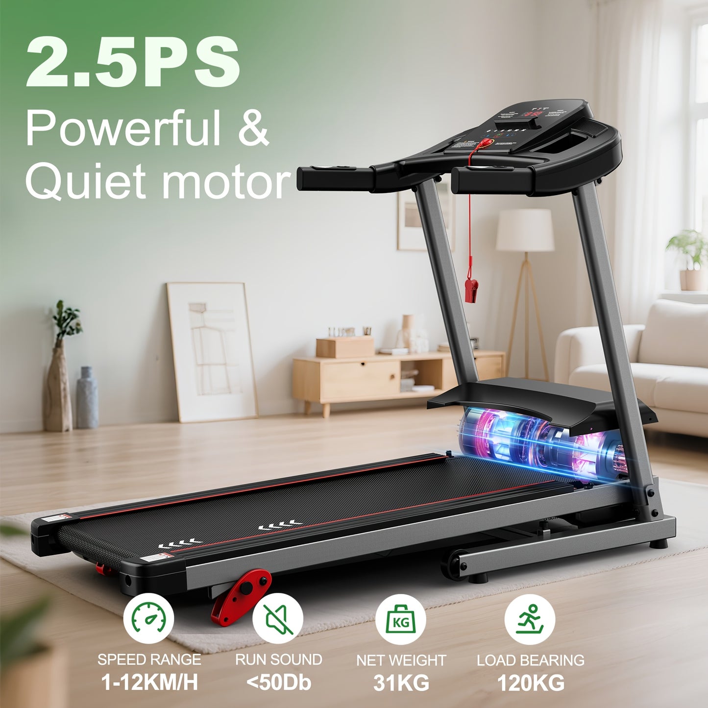 Loopband – Hardloopband – Wandelband – Treadmill – Walking Pad – 3 Hellingsniveaus – 2,5 PK Motor – Max 12 km/u – Draagvermogen 120 kg – App Compatible – Compact Design
