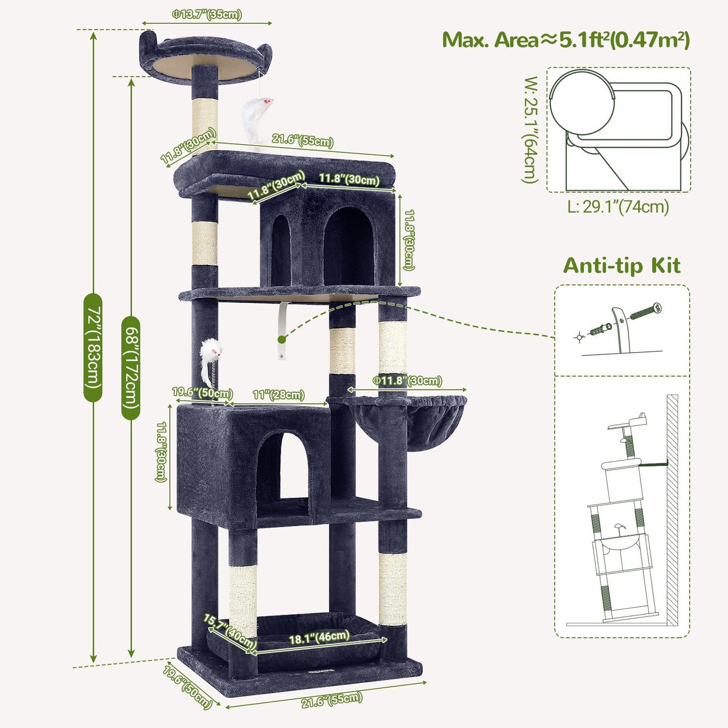 Krabpaal – Kattenboom – Kattenhuis – Kattenmeubel – Krabtoren – 183 cm Hoog – Geschikt Voor Grote Katten 3-5 Stuks – Steviele Basis Met Gevoerd Platform En Zitstang