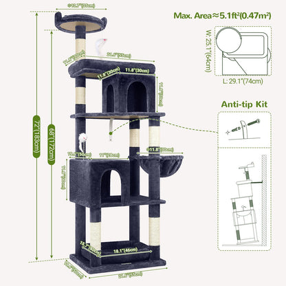 Krabpaal – Kattenboom – Kattenhuis – Kattenmeubel – Krabtoren – 183 cm Hoog – Geschikt Voor Grote Katten 3-5 Stuks – Steviele Basis Met Gevoerd Platform En Zitstang
