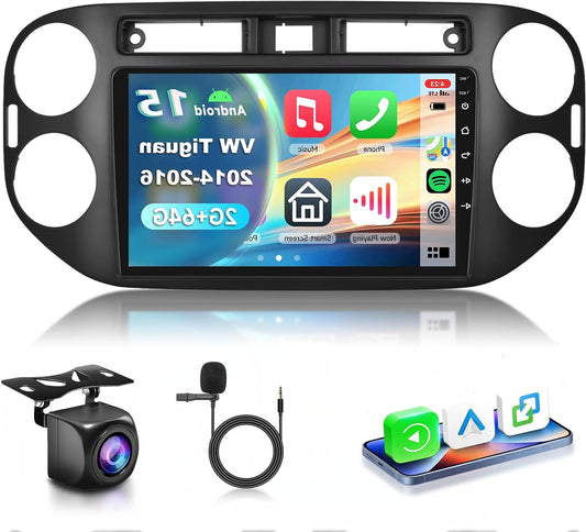 2G&64G VECHTEL 9 Inch Car Radio for VW Tiguan 2010-2016 with Carplay Android Car Wireless, Android 15, Touch Screen Bluetooth EQ/RDS/FM Radio, Mirror Links, WiFi Navi/AHD Rear View Camera - QUORE