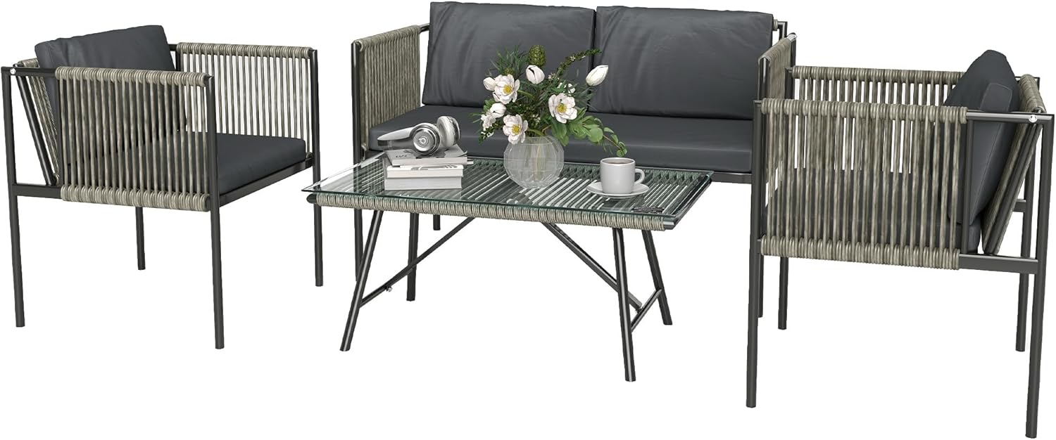 Outsunny Polyrattan Garden Furniture Set with 2-Piece Sofa, Chair, Glass Table, Cushion, Weatherproof, Balcony Furniture for 4 Persons, Outdoor Seating, Patio Furniture for Garden Balcony, Grey - QUORE