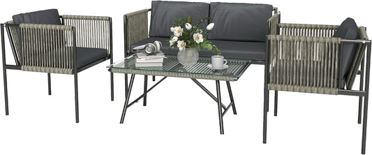 Outsunny Polyrattan Garden Furniture Set with 2-Piece Sofa, Chair, Glass Table, Cushion, Weatherproof, Balcony Furniture for 4 Persons, Outdoor Seating, Patio Furniture for Garden Balcony, Grey - QUORE