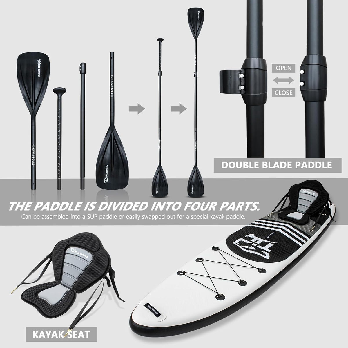 Black Tiger Collectie Opblaasbare stand-up paddleboard, SUP-board met kajakzitstuk, dubbelbladige peddel | 320x82x15cm | voor volwassenen/kinderen | ISUP paddleboarding complete set