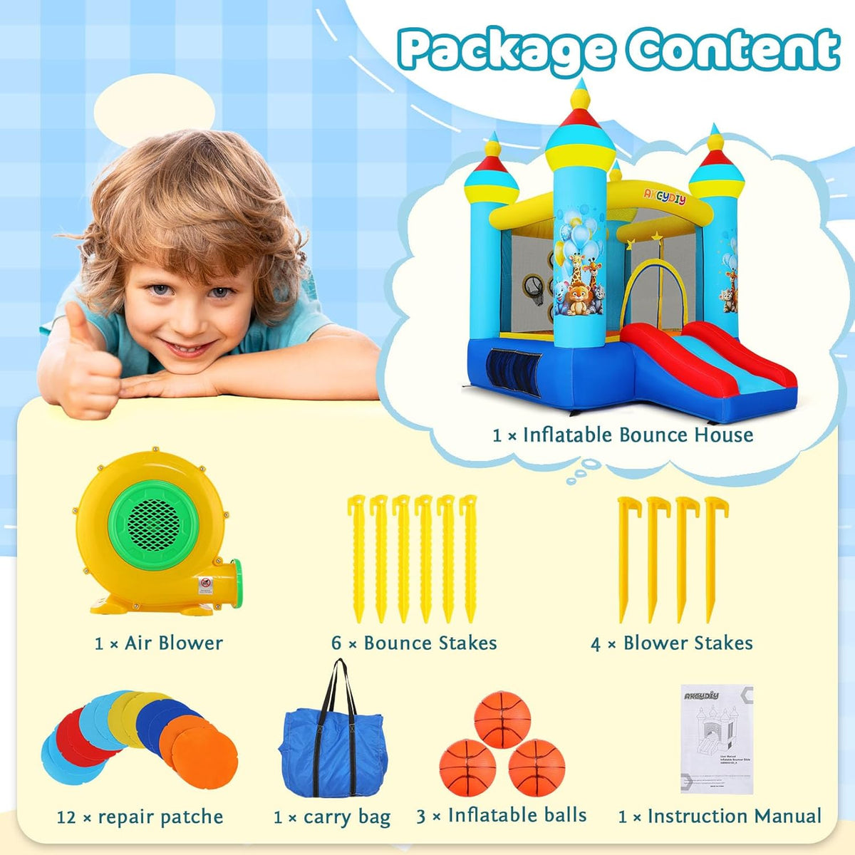 Springkasteel, indoor outdoor speelkasteel met ventilator, tropische jungle-dieren, party, springkasteel met glijbaan en springgedeelte, balwerpspel, opblaasbaar springkasteel als cadeau voor kinderen