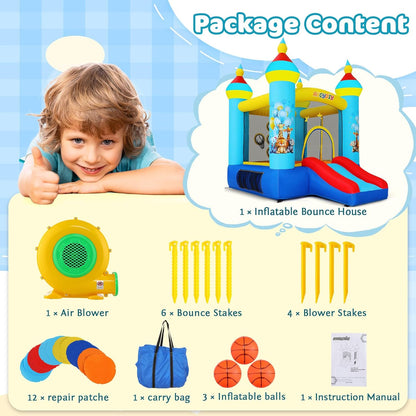 Springkasteel, indoor outdoor speelkasteel met ventilator, tropische jungle-dieren, party, springkasteel met glijbaan en springgedeelte, balwerpspel, opblaasbaar springkasteel als cadeau voor kinderen