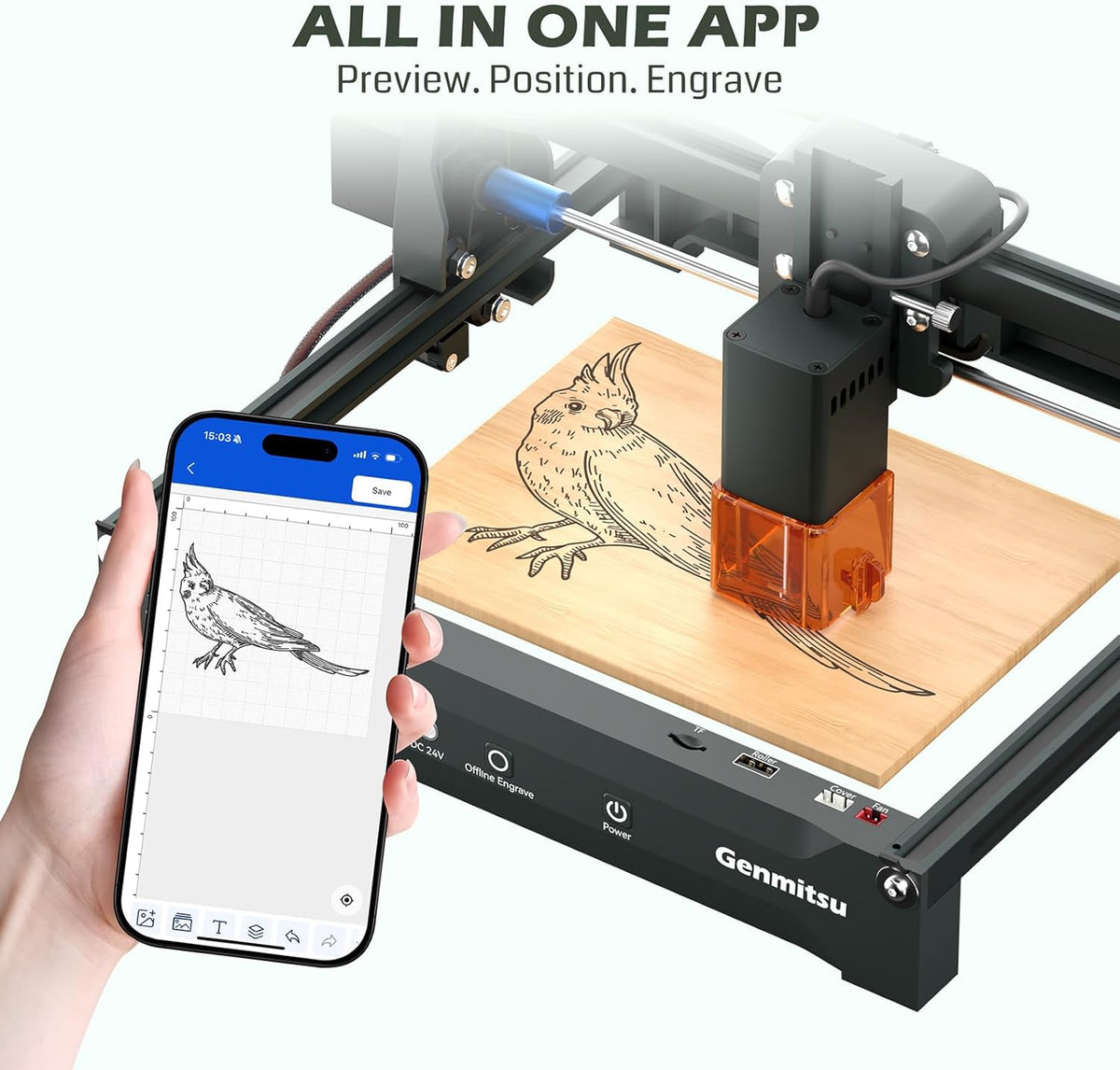 Genmitsu Lasergraveermachine Kortek 10W ±0,01 mm Hoge precisie, 200x150 mm, draagbare CNC-lasersnijder voor doe-het-zelf hout, ondoorzichtig acryl, leer, glas, keramiek, metaal en vezels