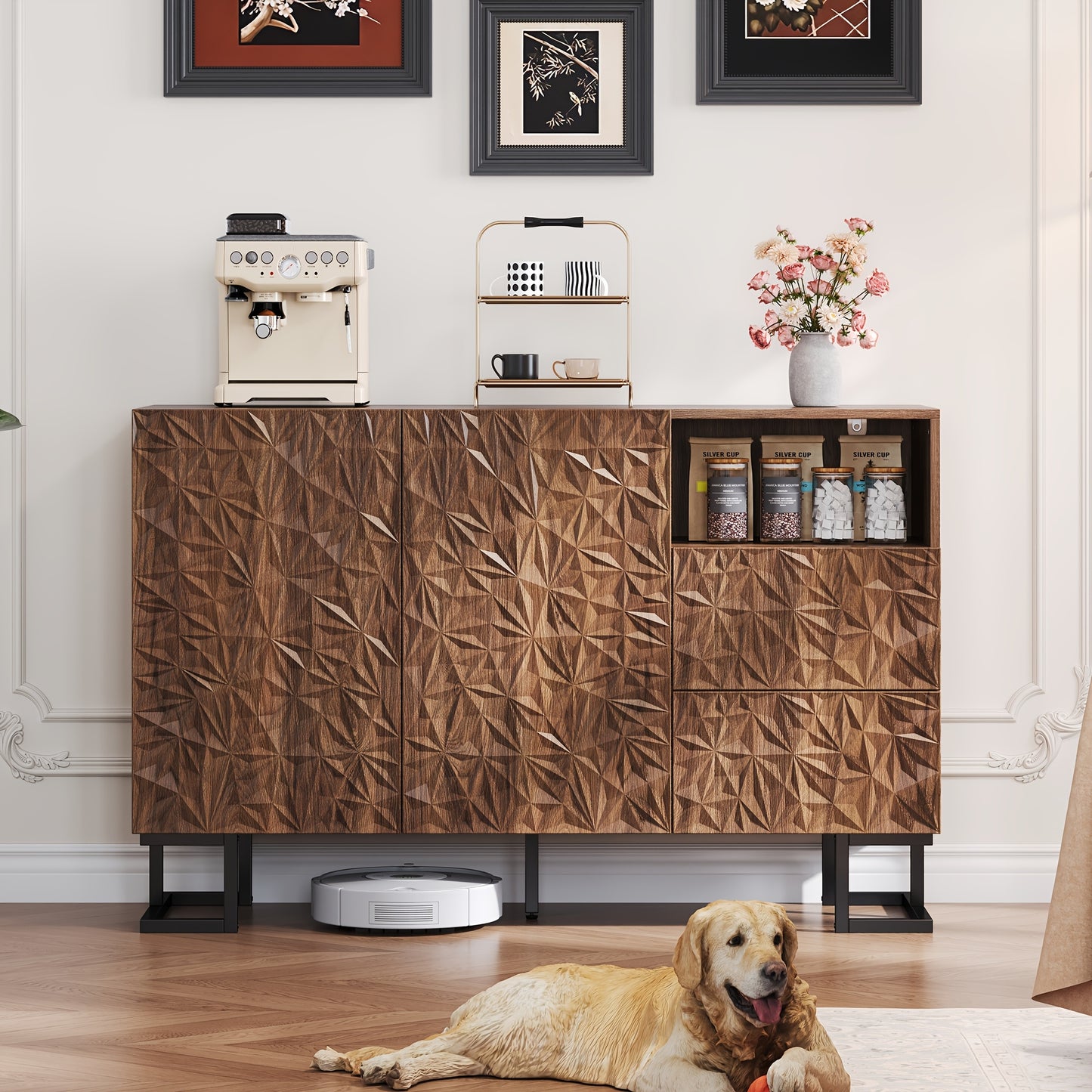 Modern Brown Entryway Storage Cabinet with 2 Doors & 2 Divided Drawers - Large Capacity Sideboard (≥3.2 Cu Ft), Metal Legs & Wicker Back Panel, Freestanding Hallway Furniture for Living Room, Dining Room - No Assembly Requi