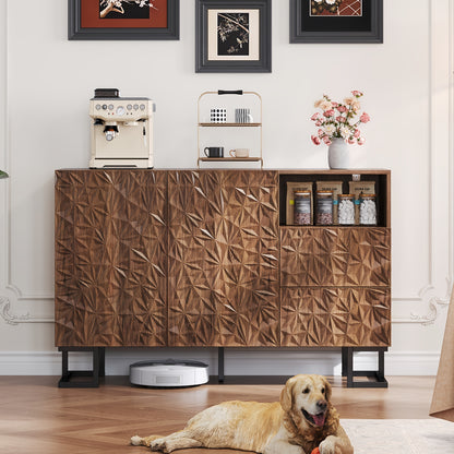 Modern Brown Entryway Storage Cabinet with 2 Doors & 2 Divided Drawers - Large Capacity Sideboard (≥3.2 Cu Ft), Metal Legs & Wicker Back Panel, Freestanding Hallway Furniture for Living Room, Dining Room - No Assembly Requi