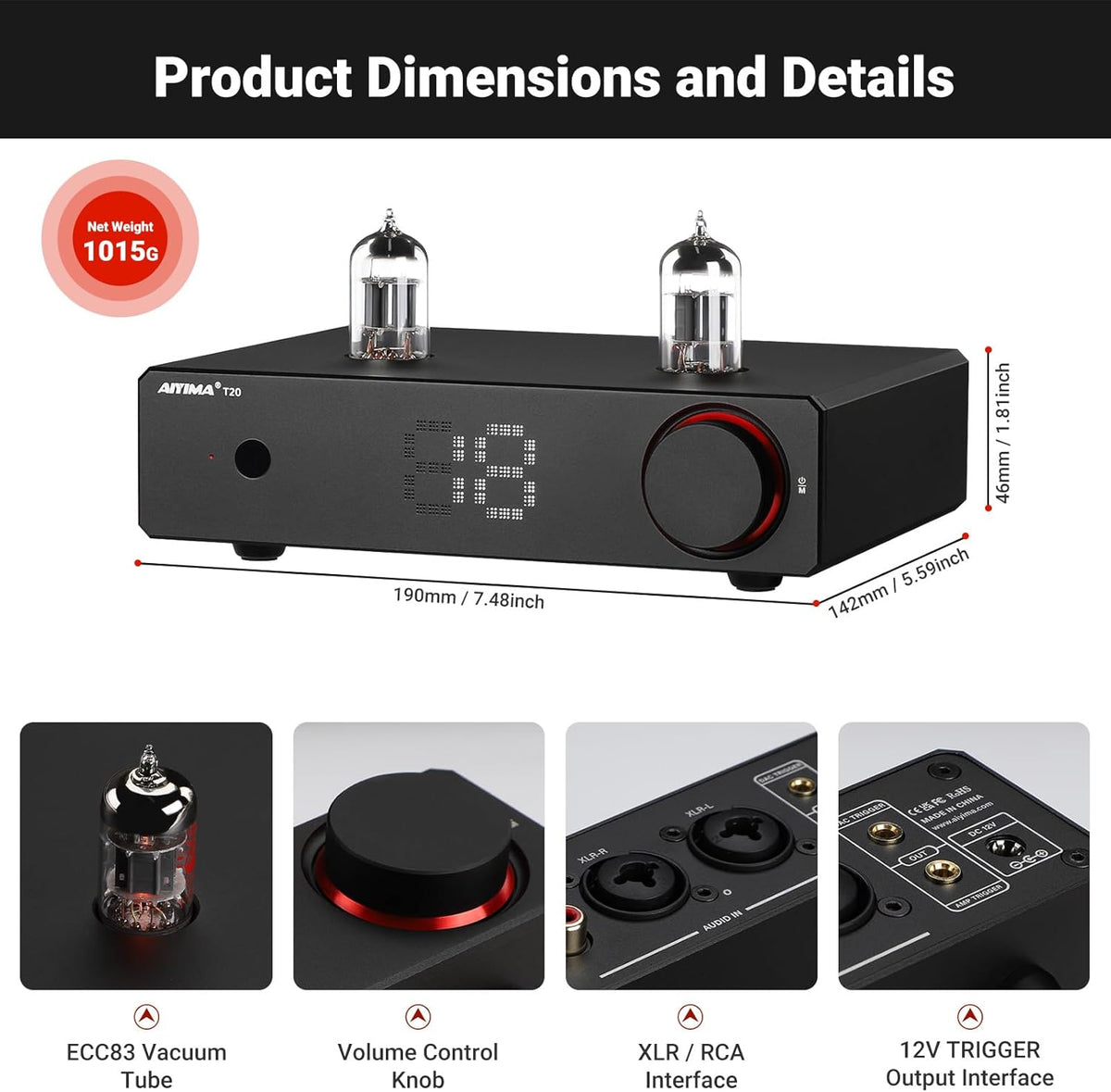 AIYIMA T20 volledig gebalanceerde buizenvoorversterker LME49720 voor HiFi Home audio mini-buizenvoorversterker met RCA- en XLR-ingangen & -uitgangen &12V-triggeruitgang (DC12V 2A voedingsadapter)