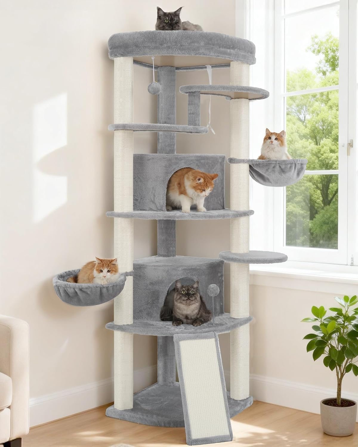 Corner Cat Tree for Indoor Cats, Cat Tower with All Sisal Scratching Posts, Multi-level Cat Condo wth 2 Large Cat Caves, Big Top Perch, 2 Hanging Baskets, Sisal Ramp, Light Gray GCT035W