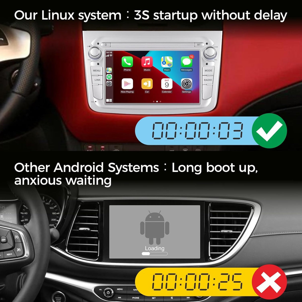 Autoradio – Autostereo – Multimedia Speler – Inbouwradio – Dashboard Radio – Linux Systeem – Ultra-Snelle Opstarttijd – Draadloos CarPlay & Android Auto