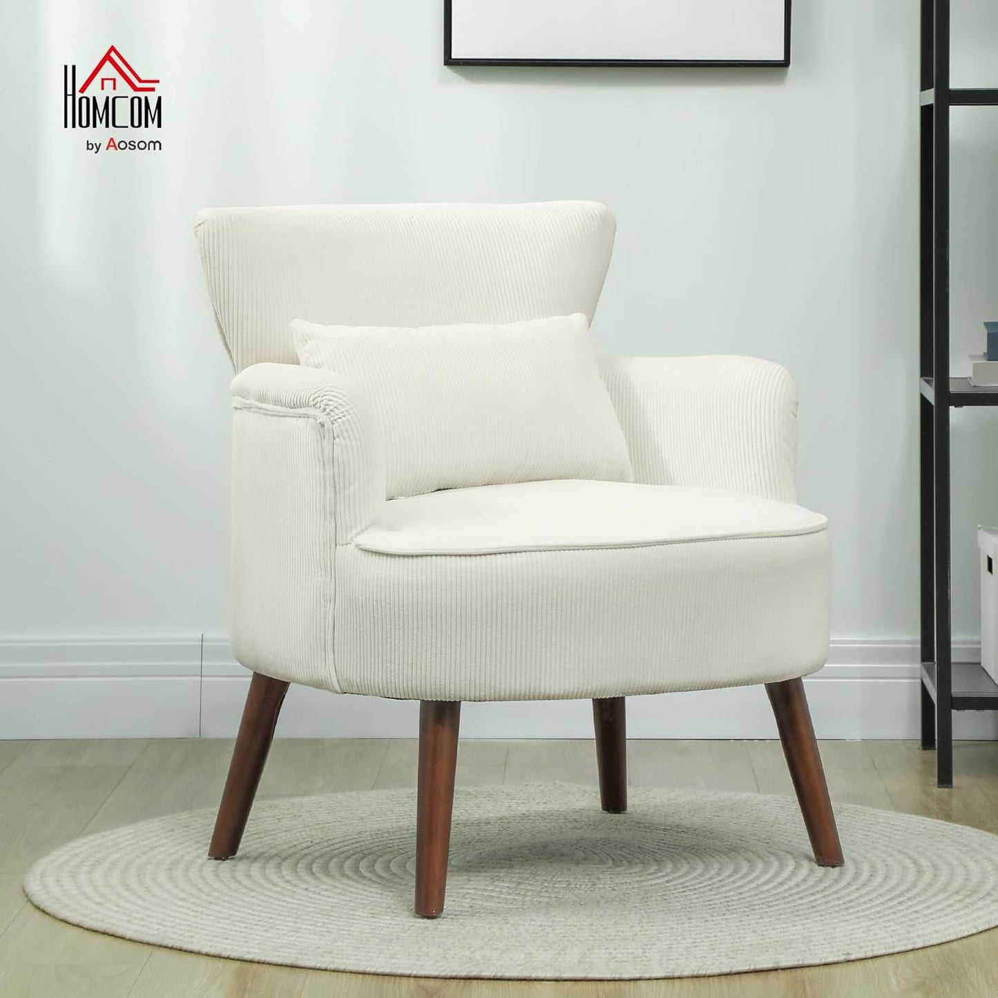 HOMCOM Lounge Chair with Armrests, Upholstered Chair with Cushion, Cord Look Armchair Wooden Legs Reading Chair for Living Room, Bedroom, Cream White HOMCOM Lounge Chair with Armrests - QUORE