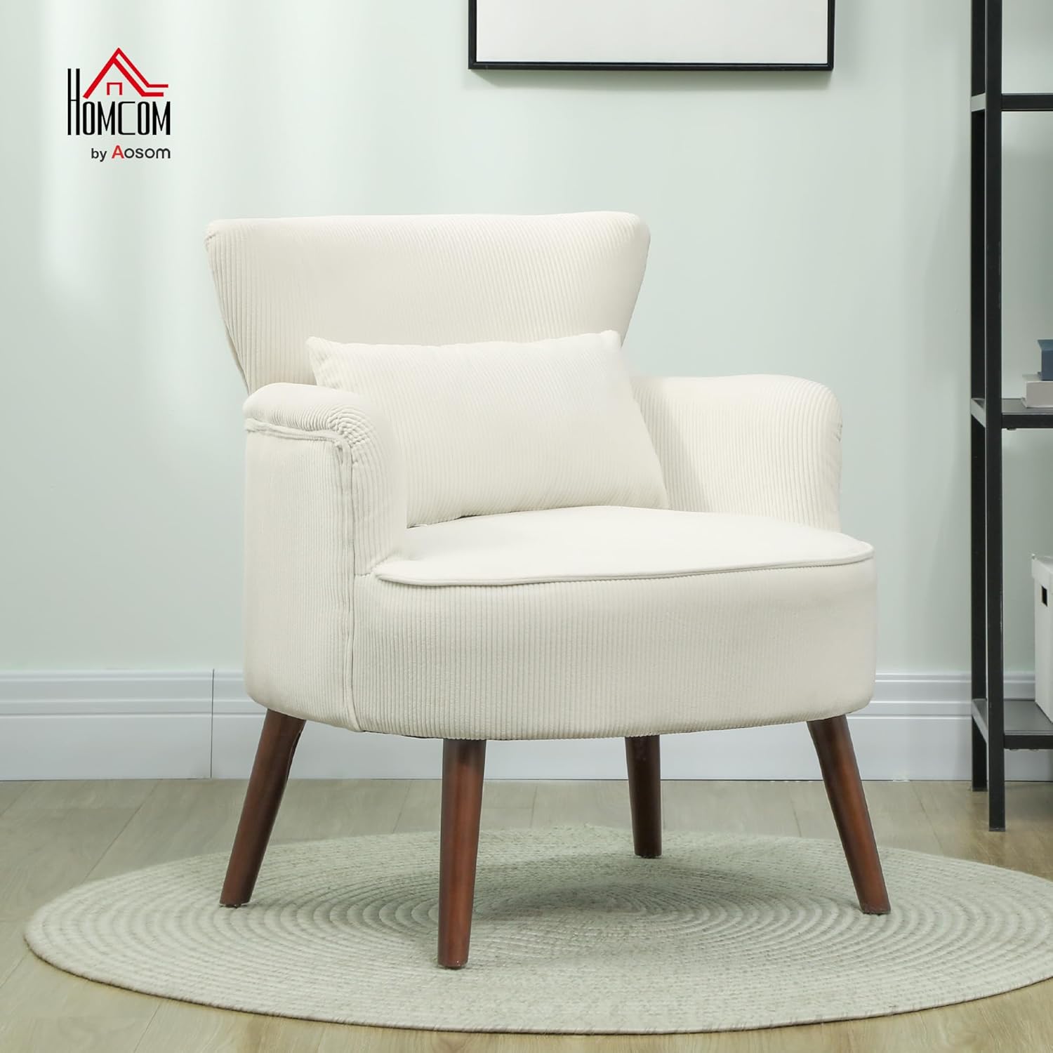HOMCOM Lounge Chair with Armrests, Upholstered Chair with Cushion, Cord Look Armchair Wooden Legs Reading Chair for Living Room, Bedroom, Cream White HOMCOM Lounge Chair with Armrests - QUORE